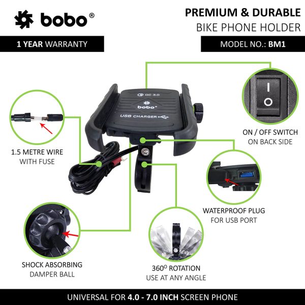 BOBO BM1 Jaw-Grip Bike Phone Holder (with fast USB 3.0 charger) Motorcycle Mobile Mount - Image 2